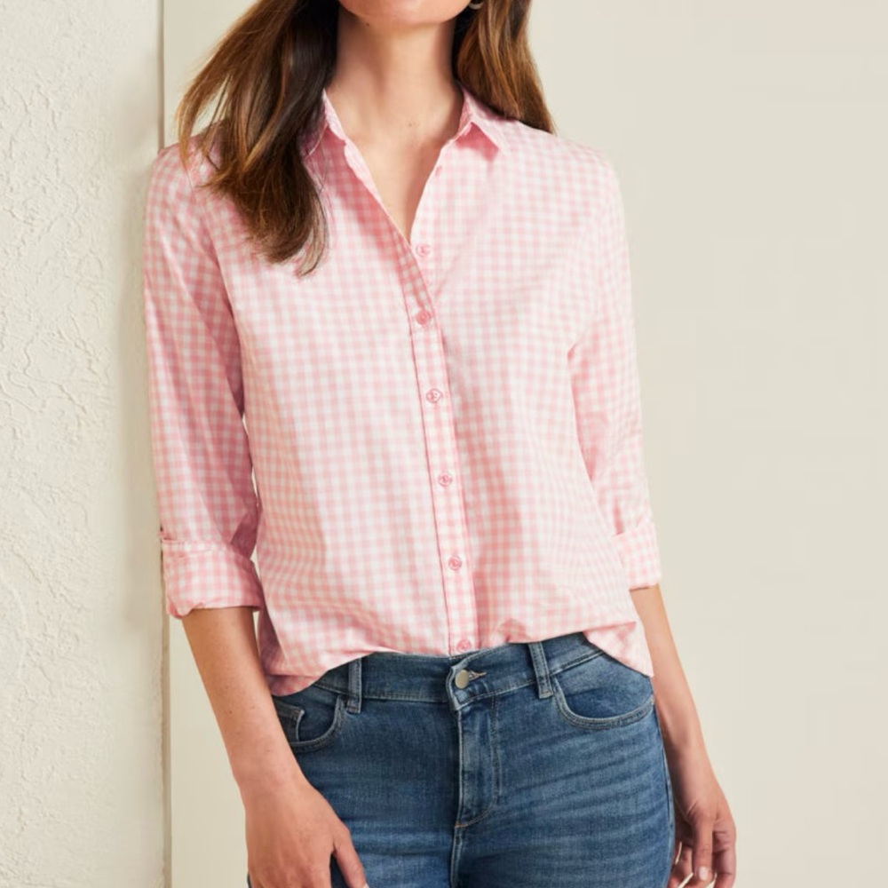 Womens Gingham Button-Down Shirt, Garnet Hill, organic cotton, size 16 NWT